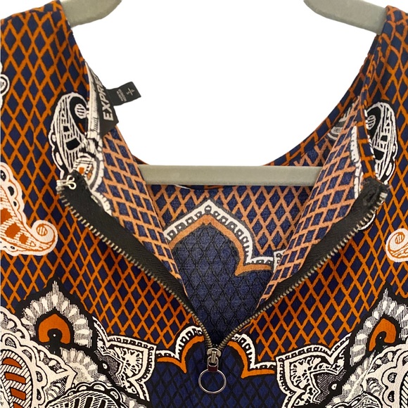 Express Short Sleeve Navy & Burnt Orange Arsty Rayon Paisley Shift Dress - Picture 9 of 11